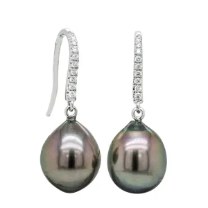 18ct White Gold Tahitian Black Pearl & Diamond Drop Earrings