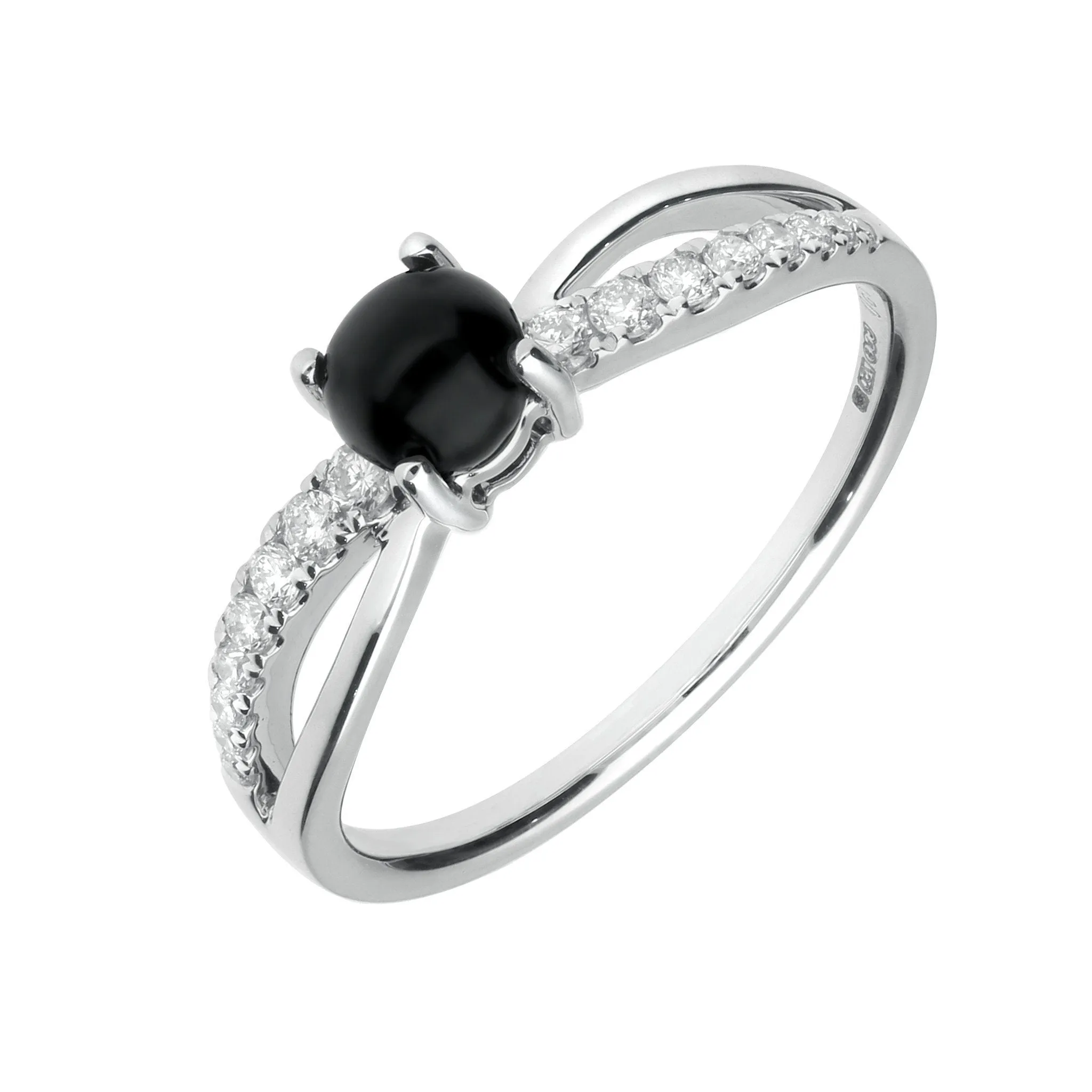 18ct White Gold Whitby Jet and 0.20ct Diamond Round Split Shoulder Ring