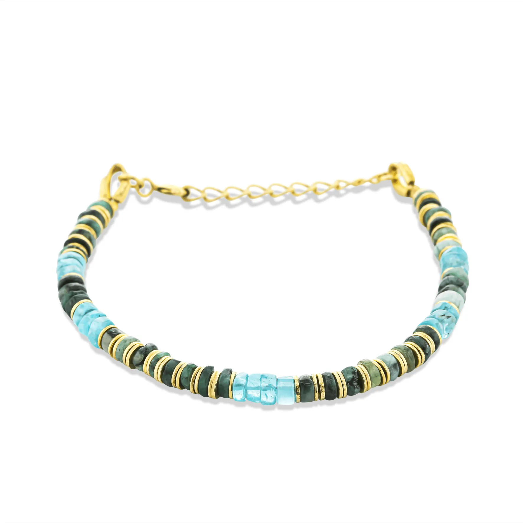 18k yellow gold beaded bracelet assembled with Emerald and Apatite