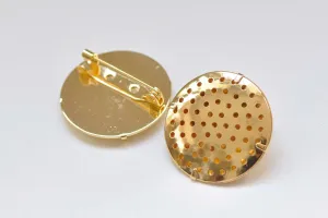 24K Gold Flat Back Pin Brooch Prong Perforated Sieve Bezel Blank Match 25mm/30mm Cabochon Set of 5