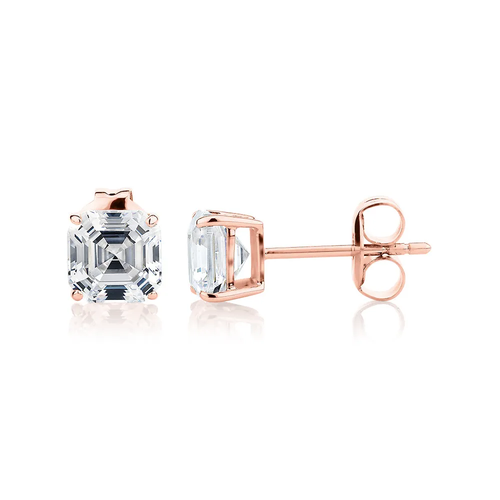 Asscher stud earrings with 2 carats* of diamond simulants in 10 carat rose gold