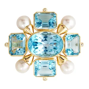 Brooch - Blue Topaz, Pearl and Diamond