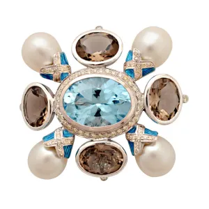 Brooch - Blue Topaz, Smokey Quartz, South Sea Pearl and Diamond (Enamel)