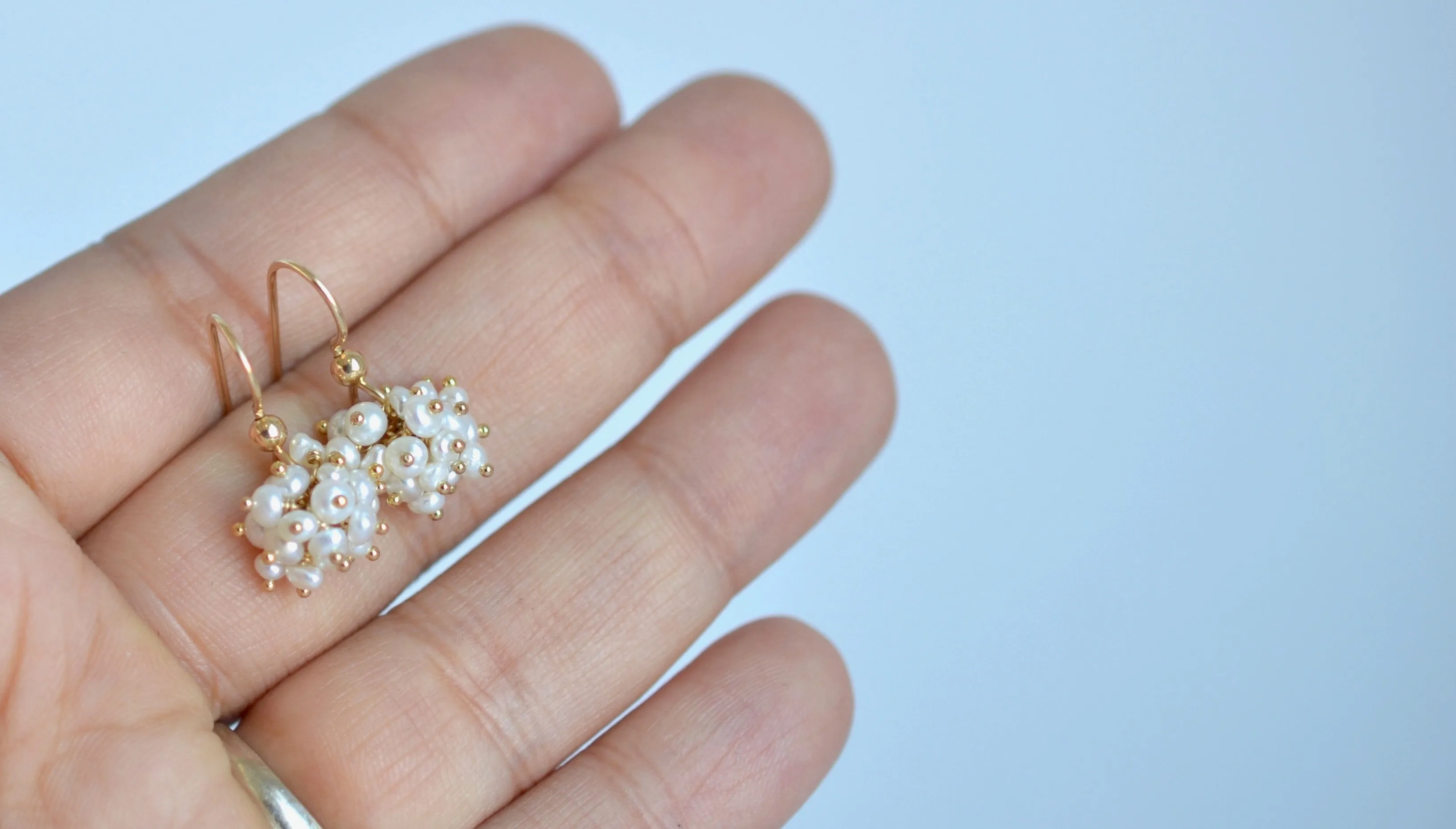 Claudia -  White Freshwater Pearls, 14k Gold Filled Cluster Earrings