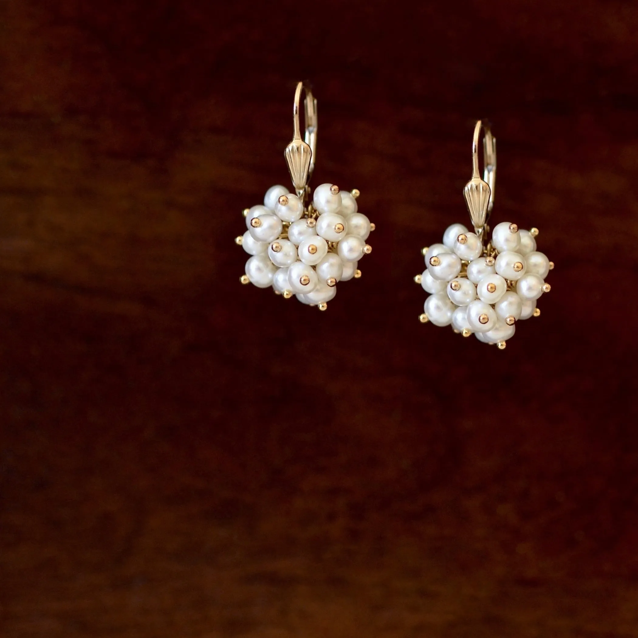 Claudia -  White Freshwater Pearls, 14k Gold Filled Cluster Earrings