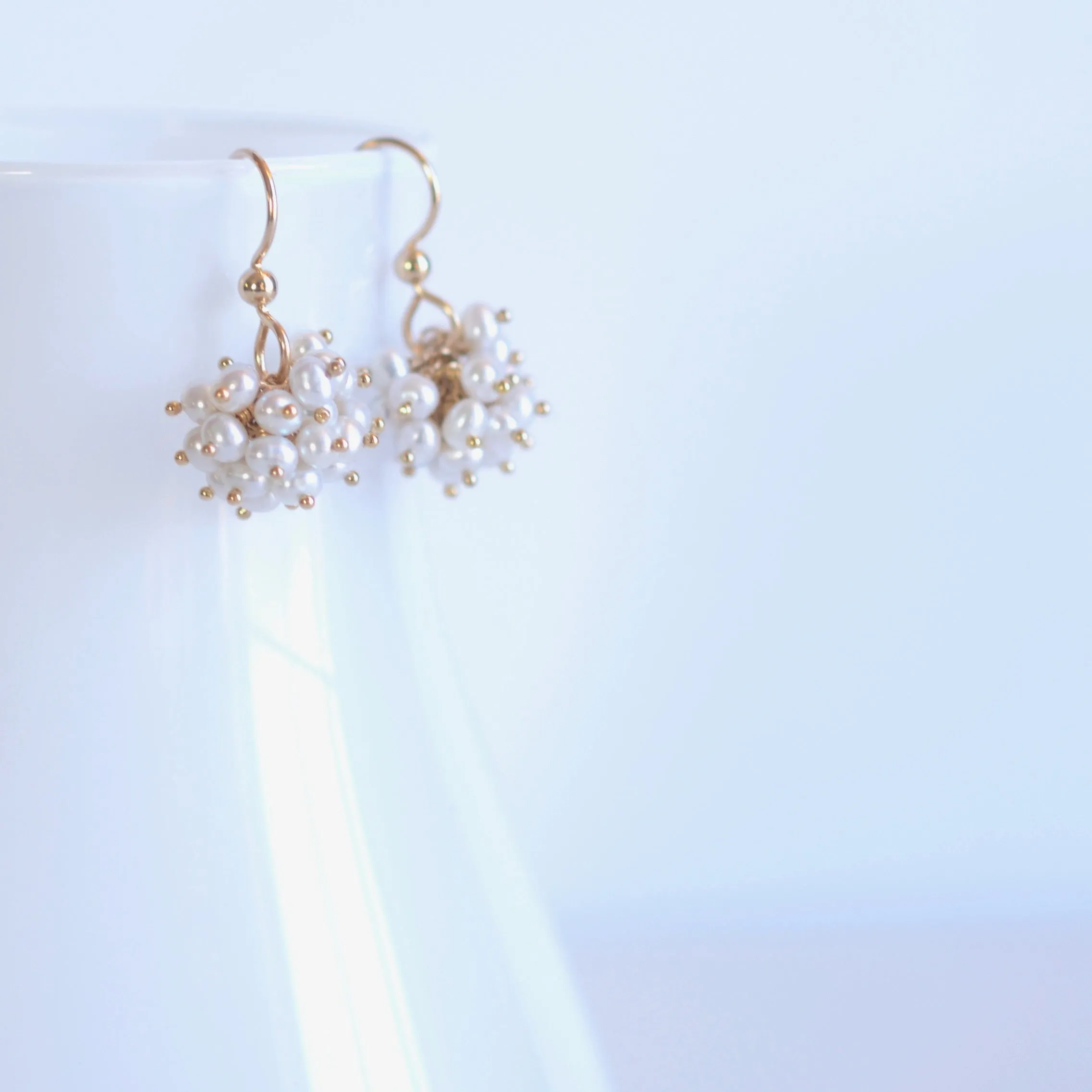 Claudia -  White Freshwater Pearls, 14k Gold Filled Cluster Earrings