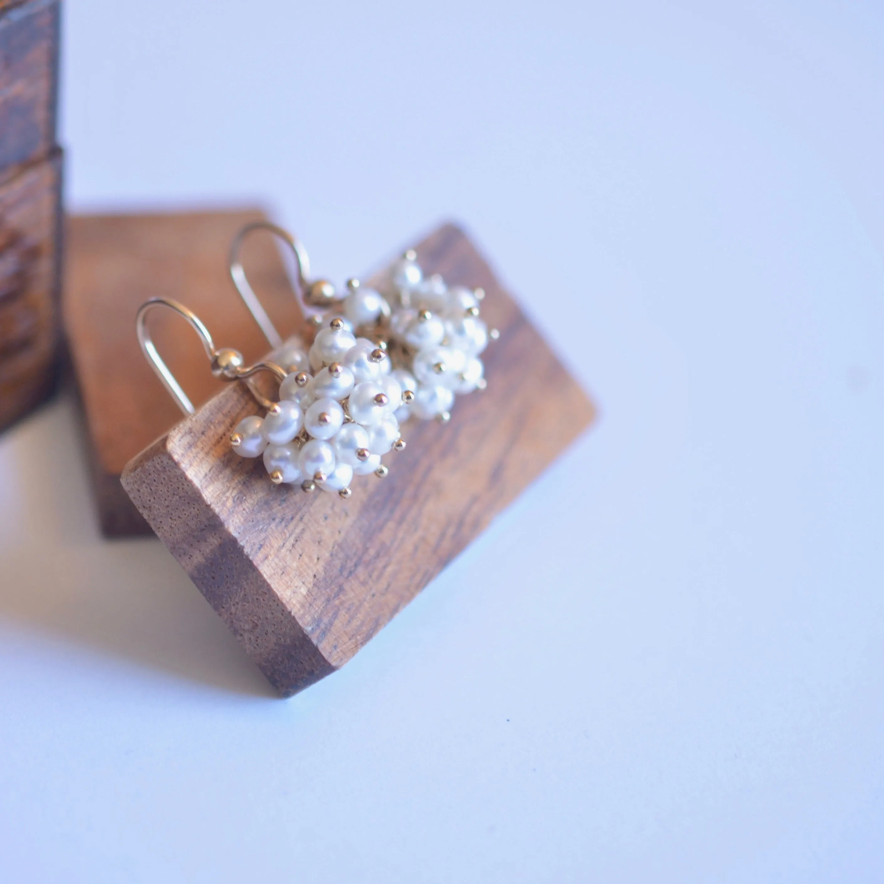 Claudia -  White Freshwater Pearls, 14k Gold Filled Cluster Earrings