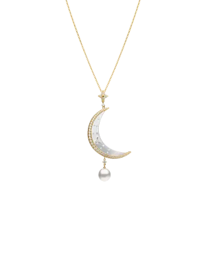 Crescent Moon Pearl Pendant | 7mm Keshi Pearl, Diamonds, and Yellow Gold