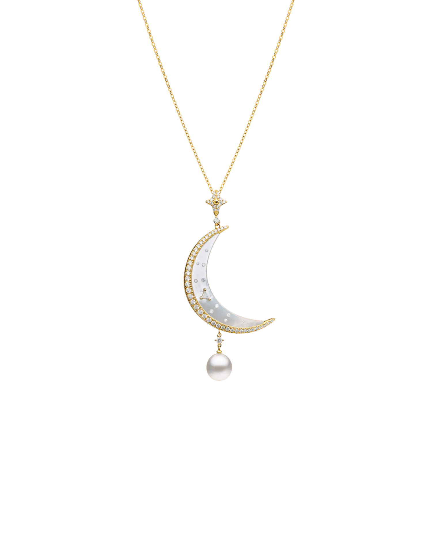 Crescent Moon Pearl Pendant | 7mm Keshi Pearl, Diamonds, and Yellow Gold