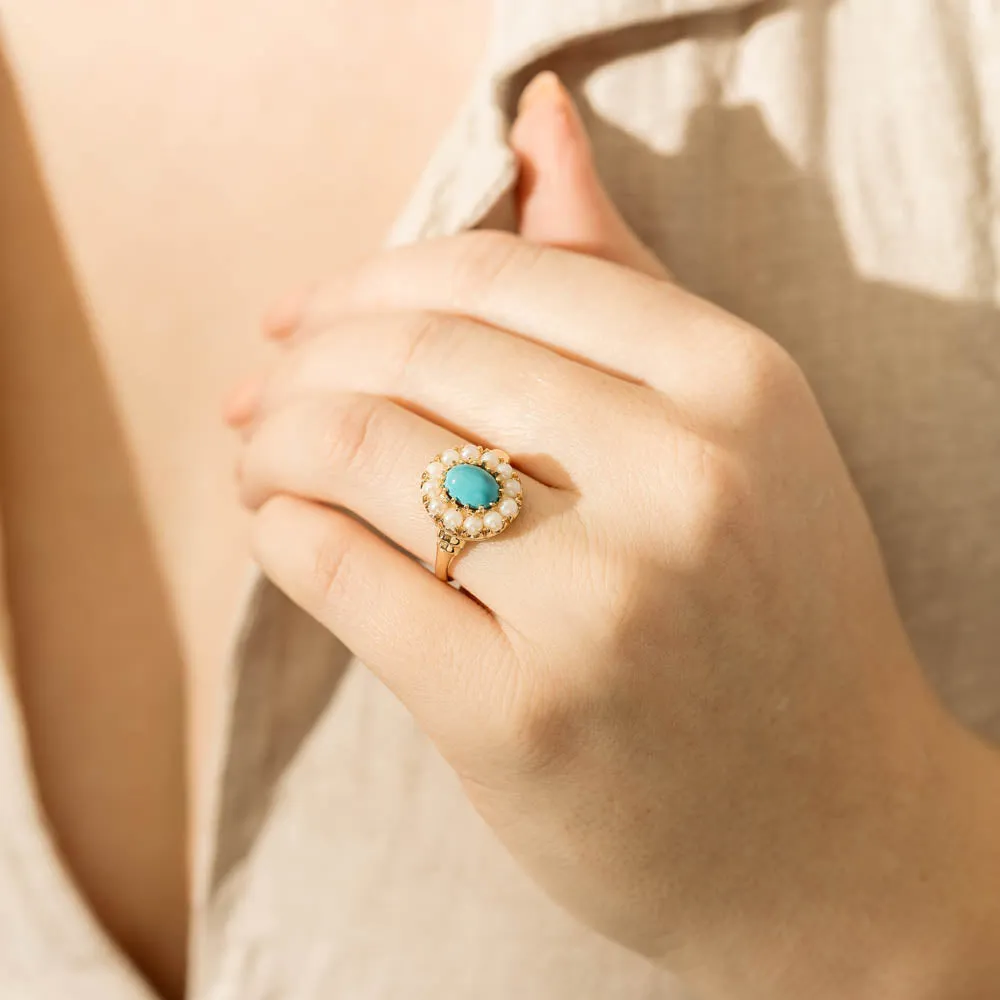 Deja Vu 9ct Yellow Gold Turquoise & Pearl Ring