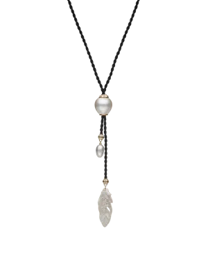 Diamond Feather Silk Pearl Necklace | 13mm Keshi Pearl, Mother of Pearl, and Yellow Gold