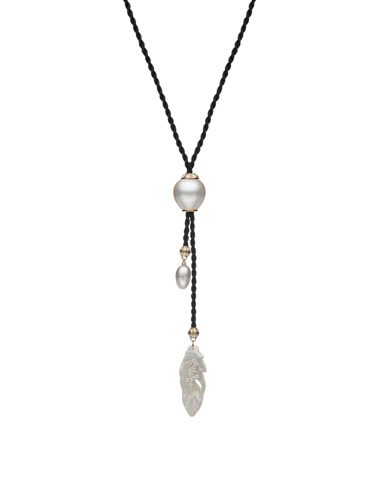 Diamond Feather Silk Pearl Necklace | 13mm Keshi Pearl, Mother of Pearl, and Yellow Gold