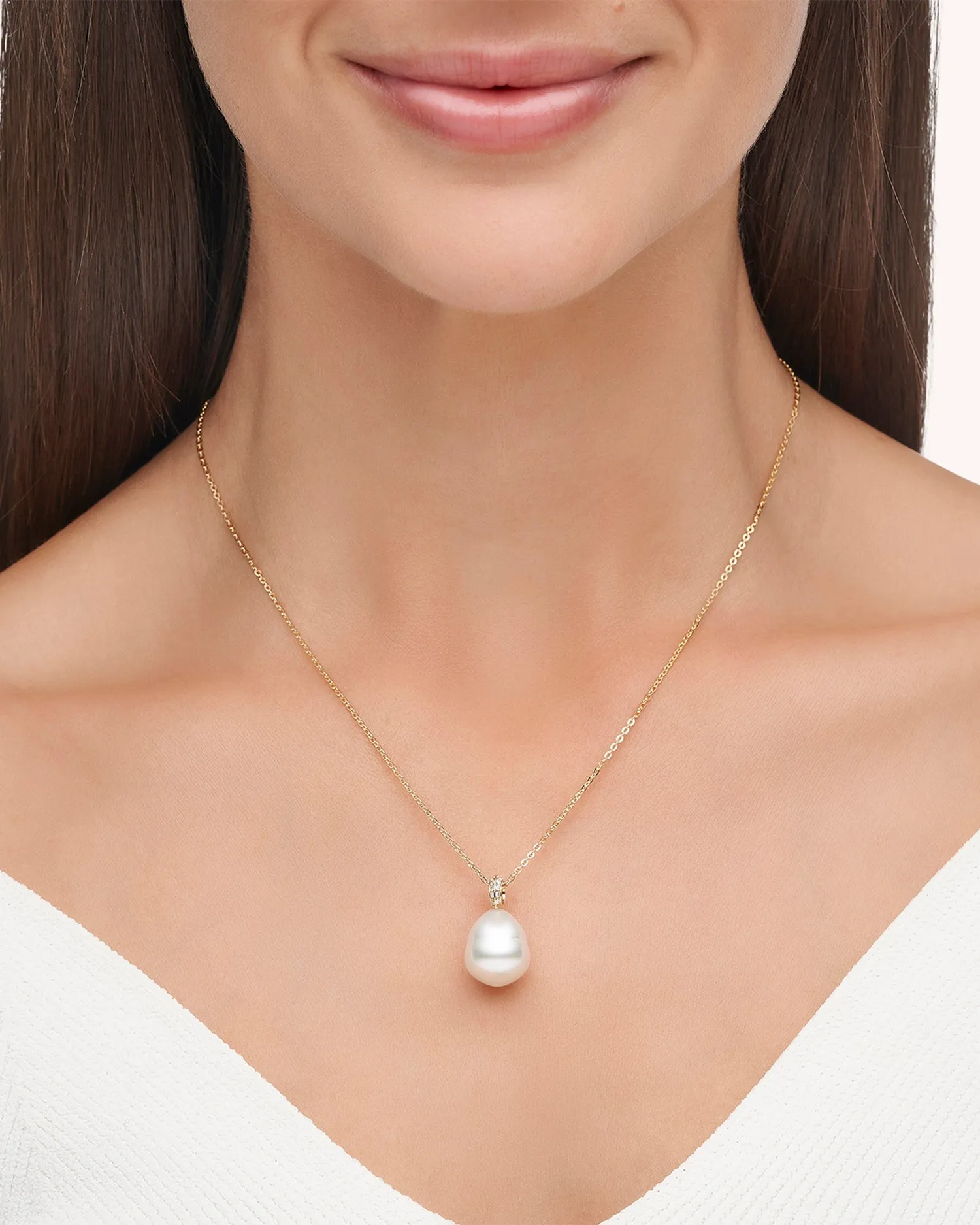 Diamond Keel Edge Pearl Pendant | 12mm Circle Pearl, Diamonds, and Yellow Gold
