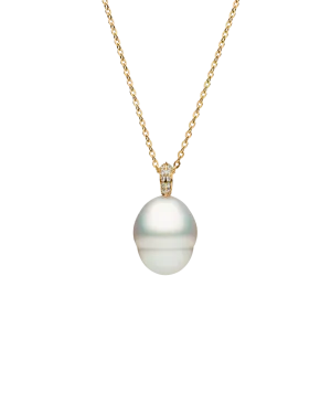 Diamond Keel Edge Pearl Pendant | 12mm Circle Pearl, Diamonds, and Yellow Gold