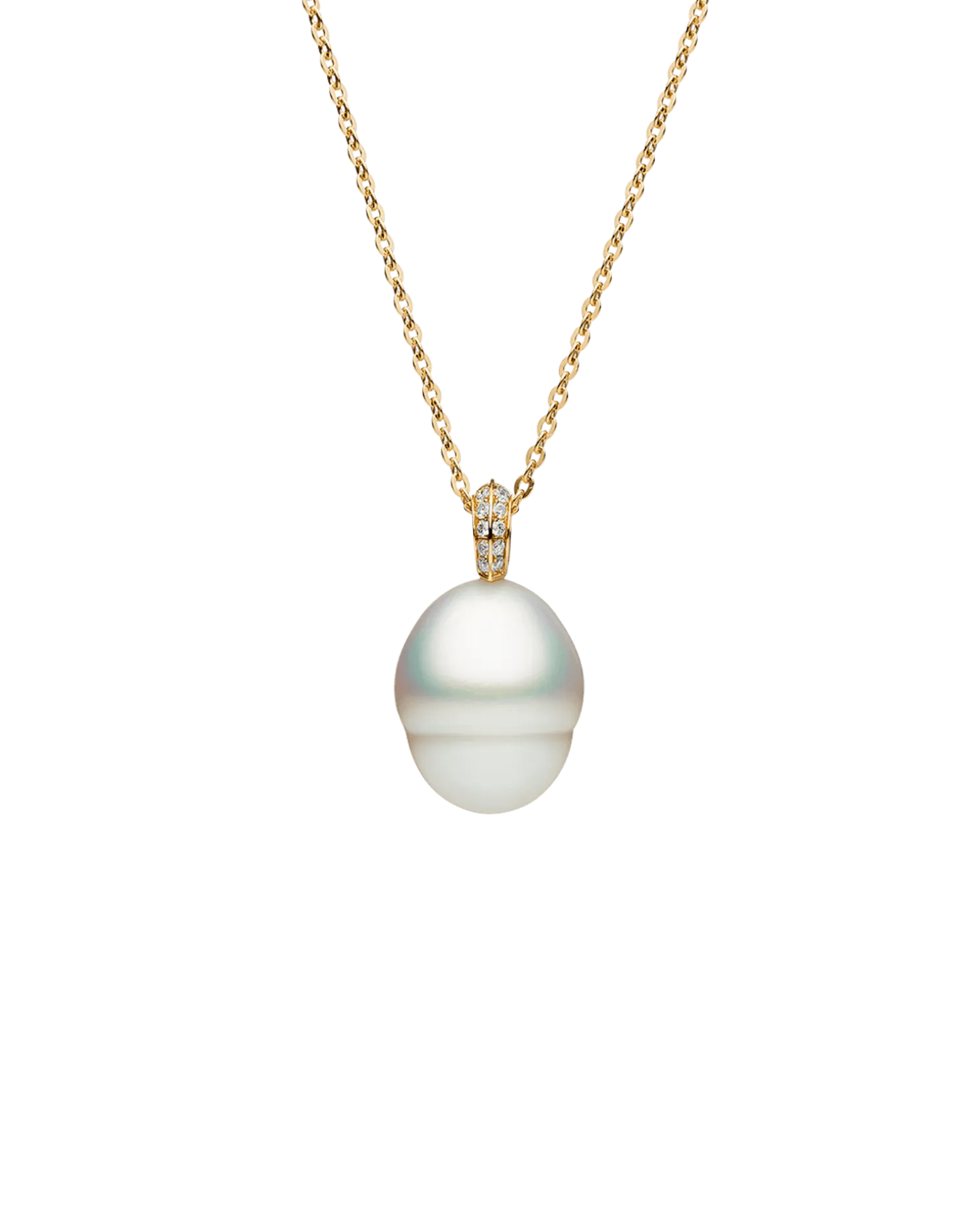 Diamond Keel Edge Pearl Pendant | 12mm Circle Pearl, Diamonds, and Yellow Gold