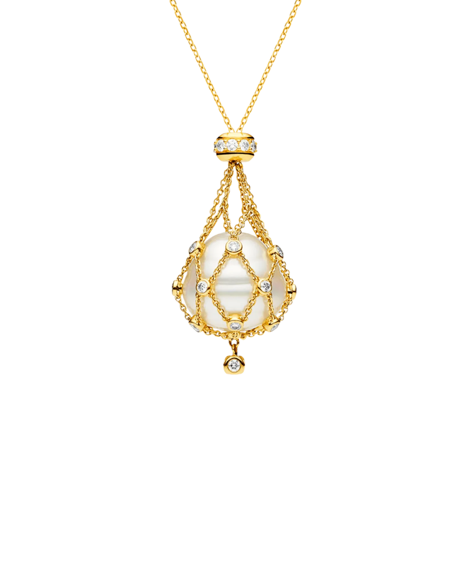 Diamond Lavalier Pearl Necklace | 15mm Circle Pearl, Diamonds, and Yellow Gold