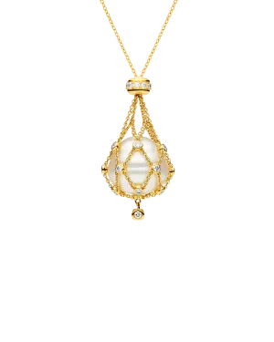 Diamond Lavalier Pearl Necklace | 15mm Circle Pearl, Diamonds, and Yellow Gold