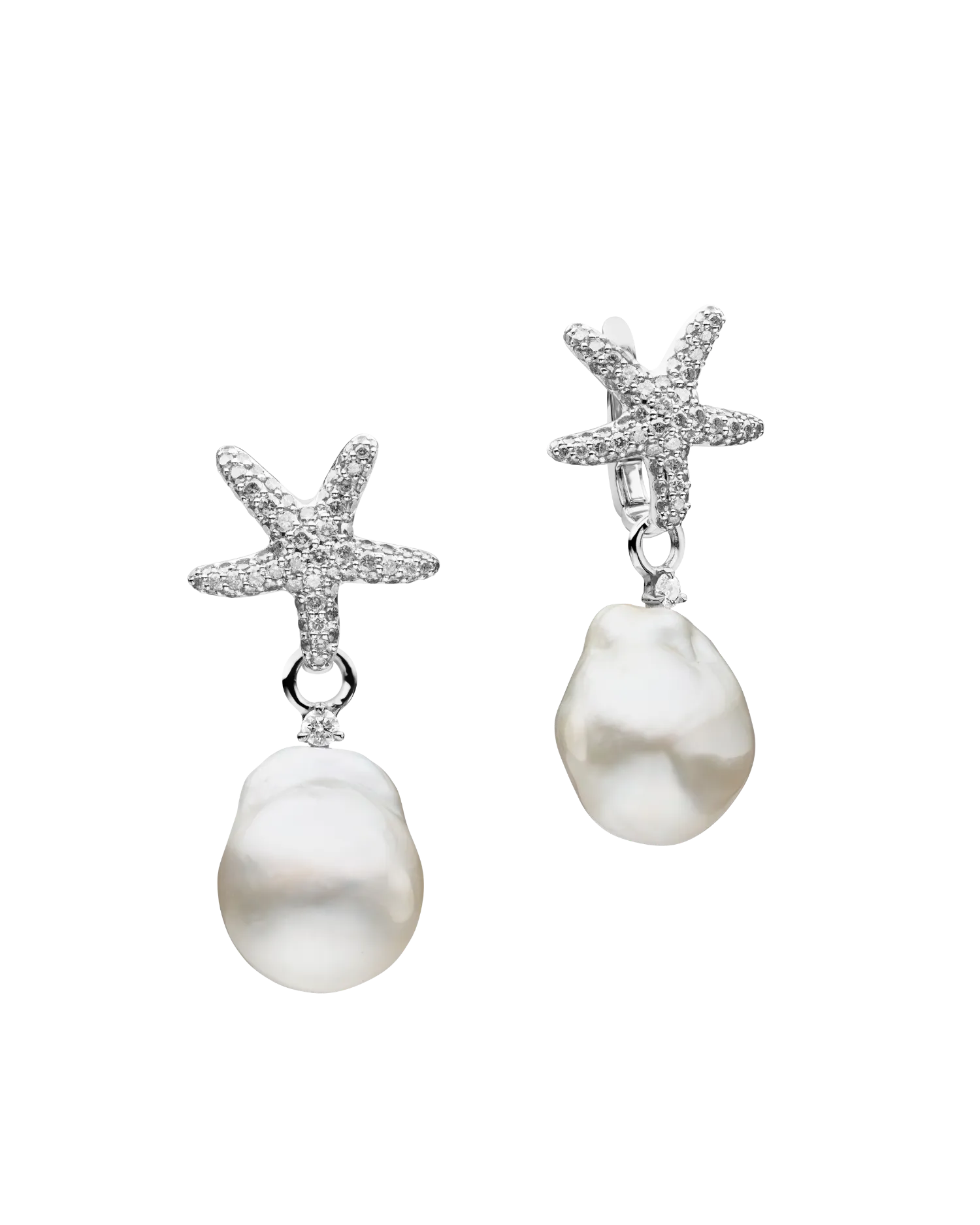 Diamond Starfish Pearls My Way Earrings | 14mm Baroque Pearls, Diamonds, and White Gold