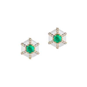 Emerald, Diamond, and White Enamel Earrings