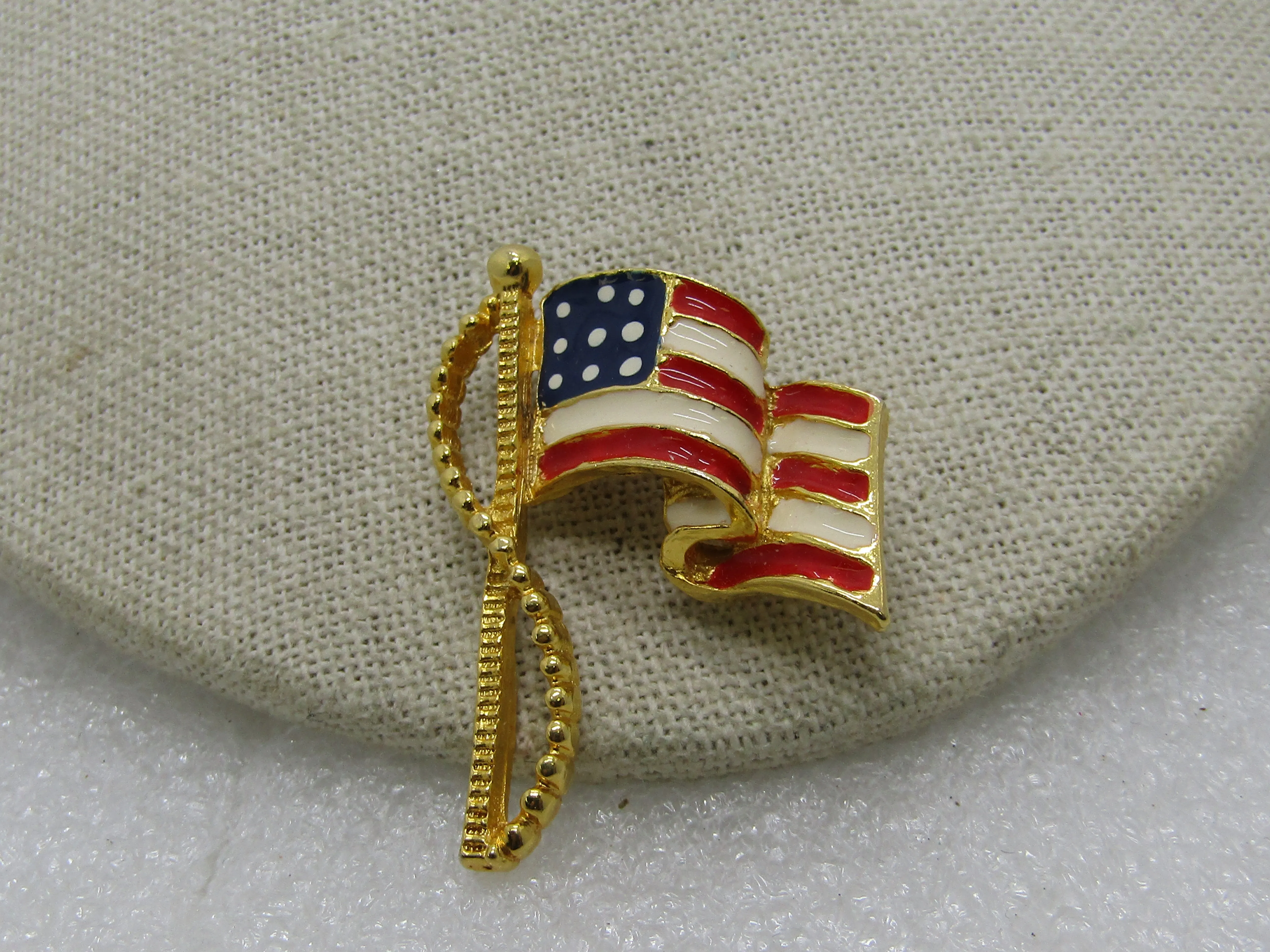 Enamel USA Flag Brooch, Gold Tone, 1.75" Tall