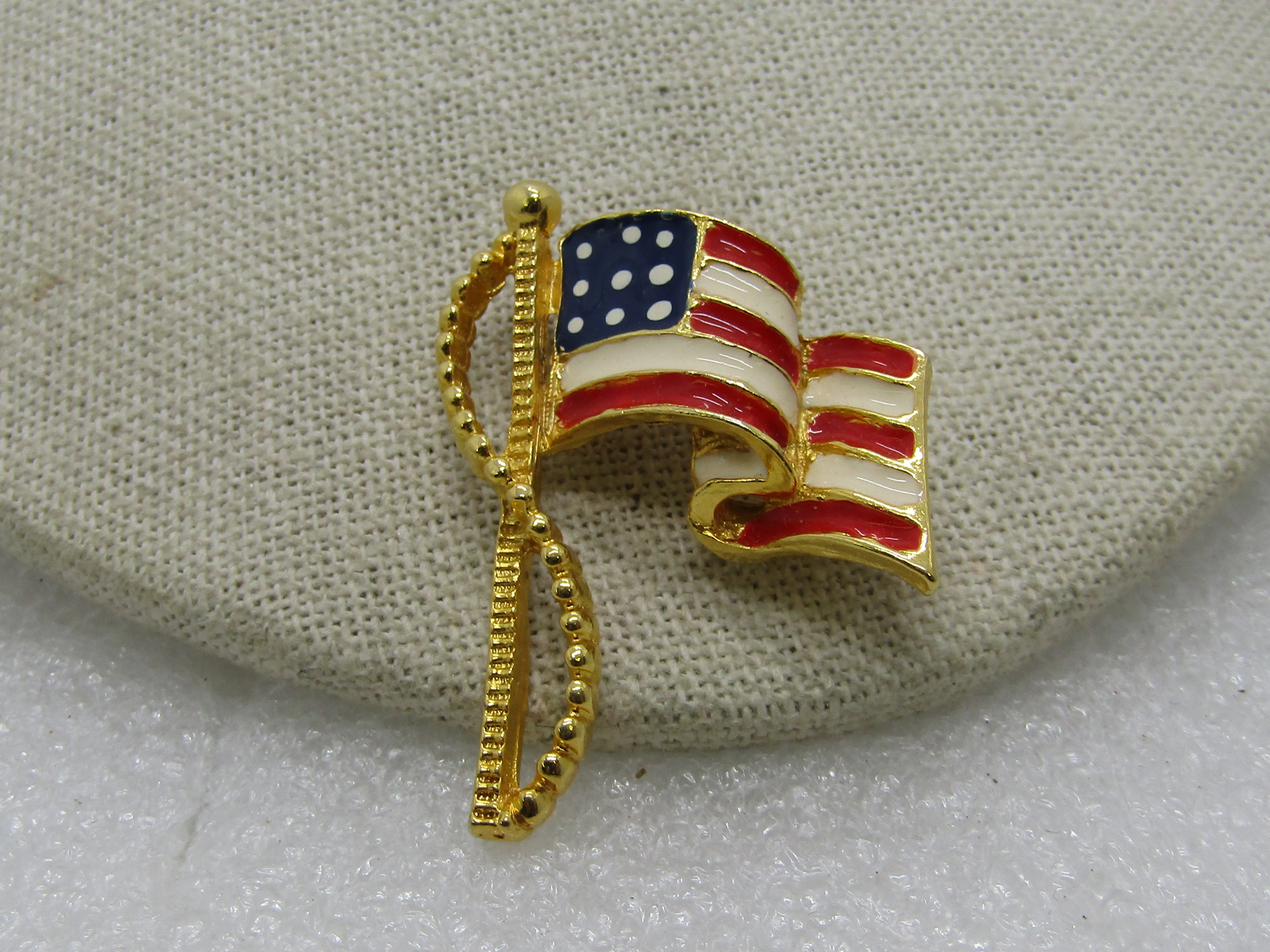 Enamel USA Flag Brooch, Gold Tone, 1.75" Tall