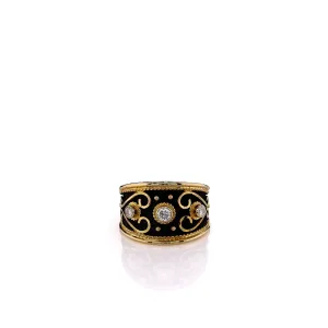 Estate 18k Yellow Gold Darkened Design Tapered Bezel-Set Diamond Ring