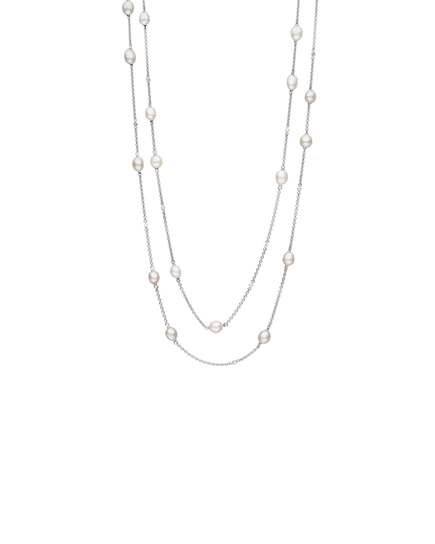 Keshi Pearl Long Chain Necklace | 5mm Keshi Pearls, Diamonds, and White Gold