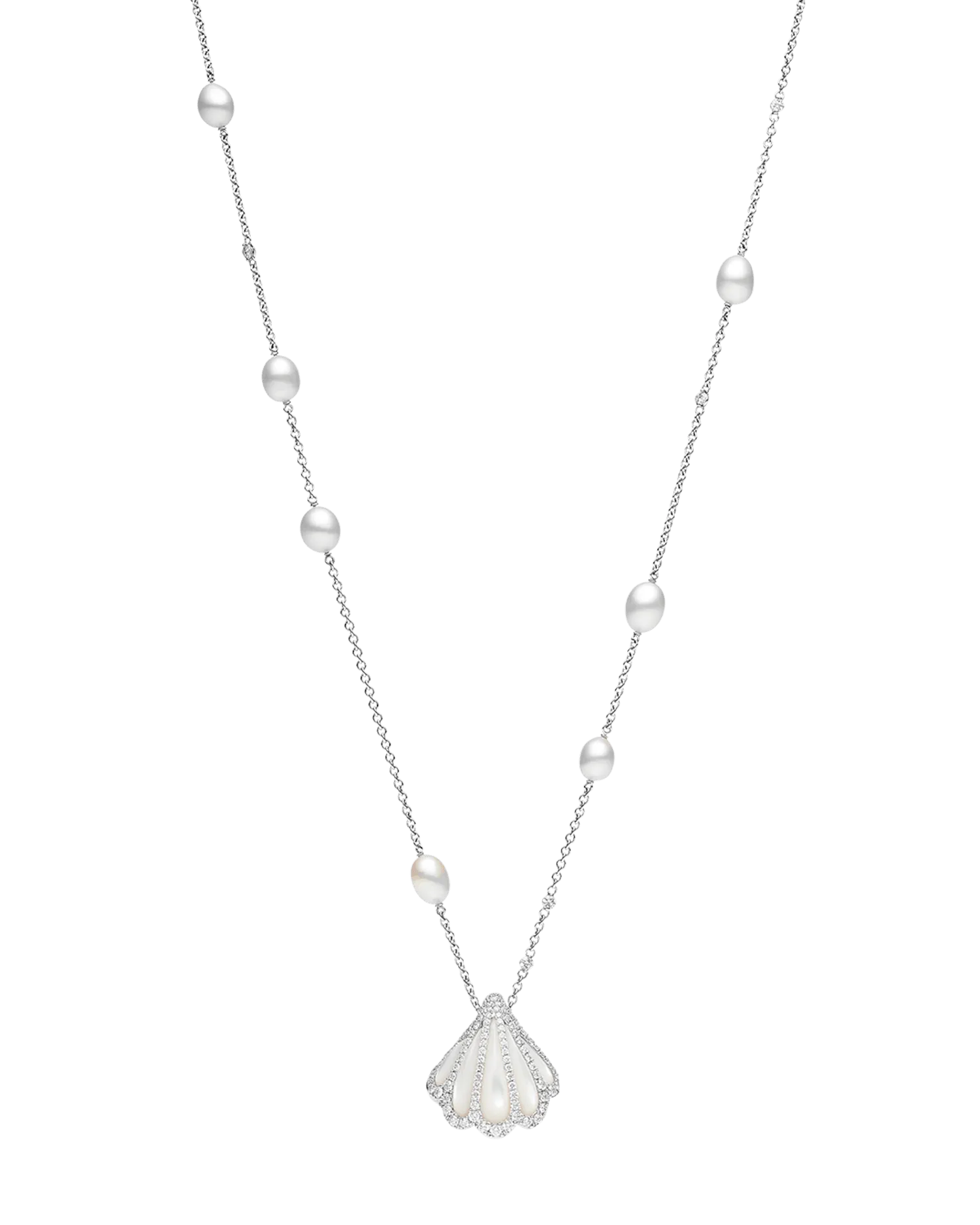 Keshi Pearl Long Chain Necklace | 5mm Keshi Pearls, Diamonds, and White Gold