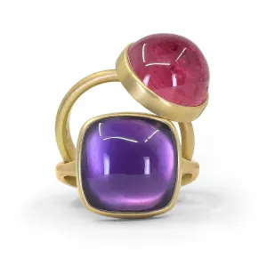 Lola Brooks Amethyst Cushion   Round Pink Tourmaline Gold Rings