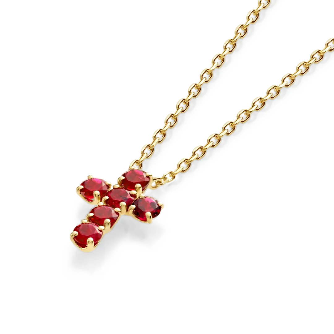 Medium Red Ruby Cross Pendant Yellow Gold