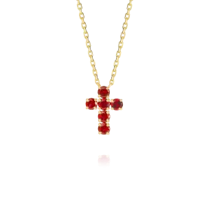Medium Red Ruby Cross Pendant Yellow Gold