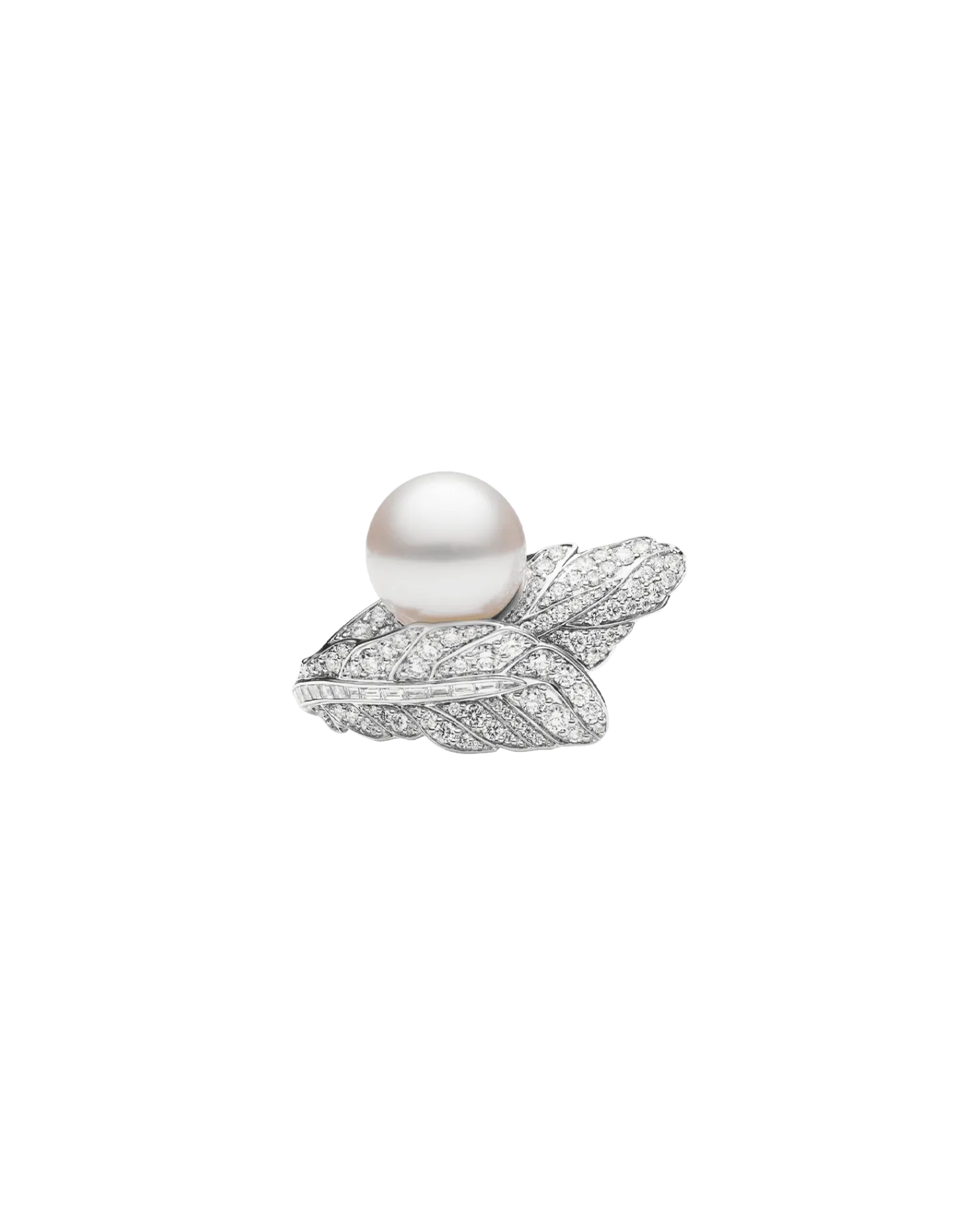 Night Bird Feather Pearl Ring | 15mm Round Pearl, Diamonds, and White Gold