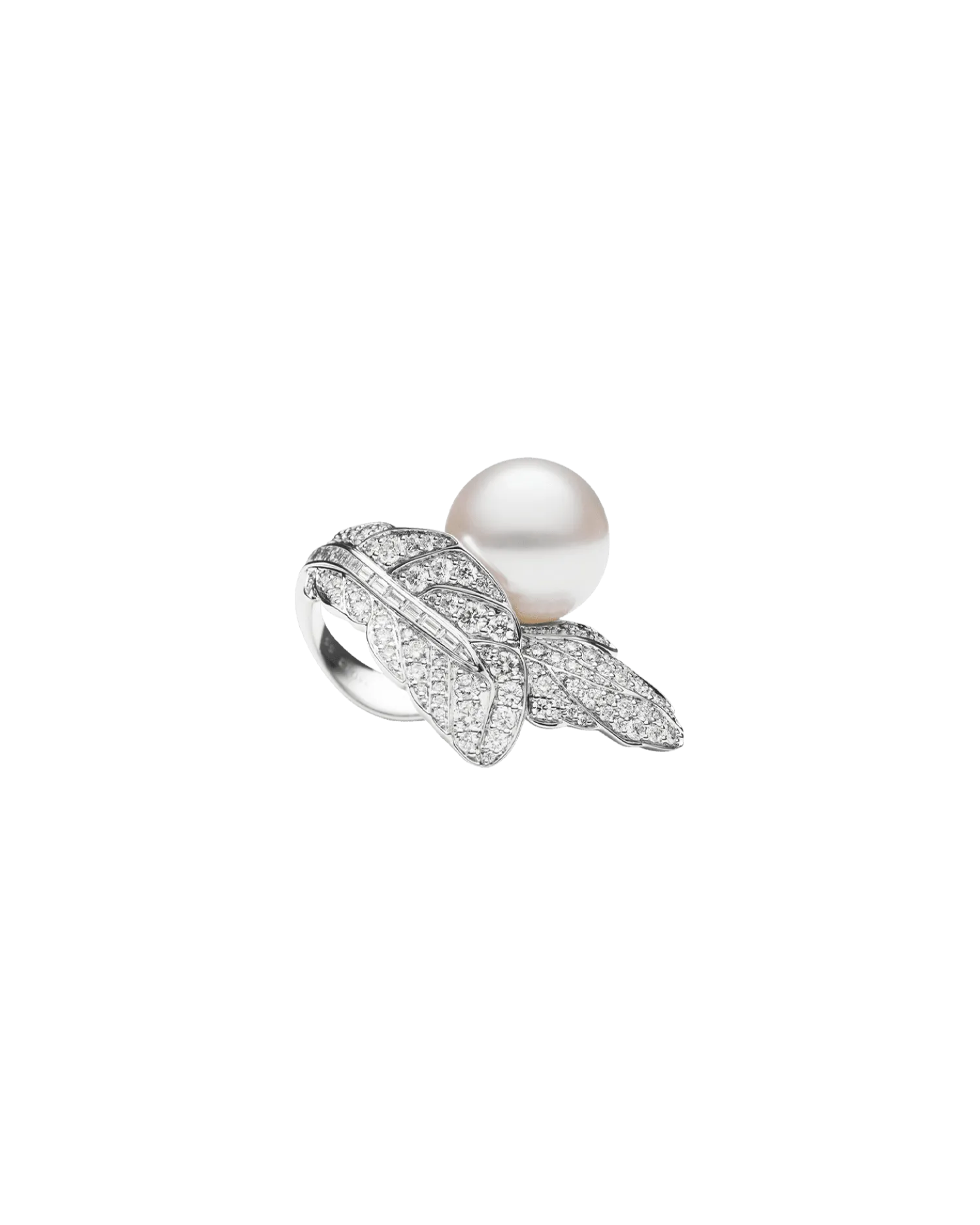 Night Bird Feather Pearl Ring | 15mm Round Pearl, Diamonds, and White Gold