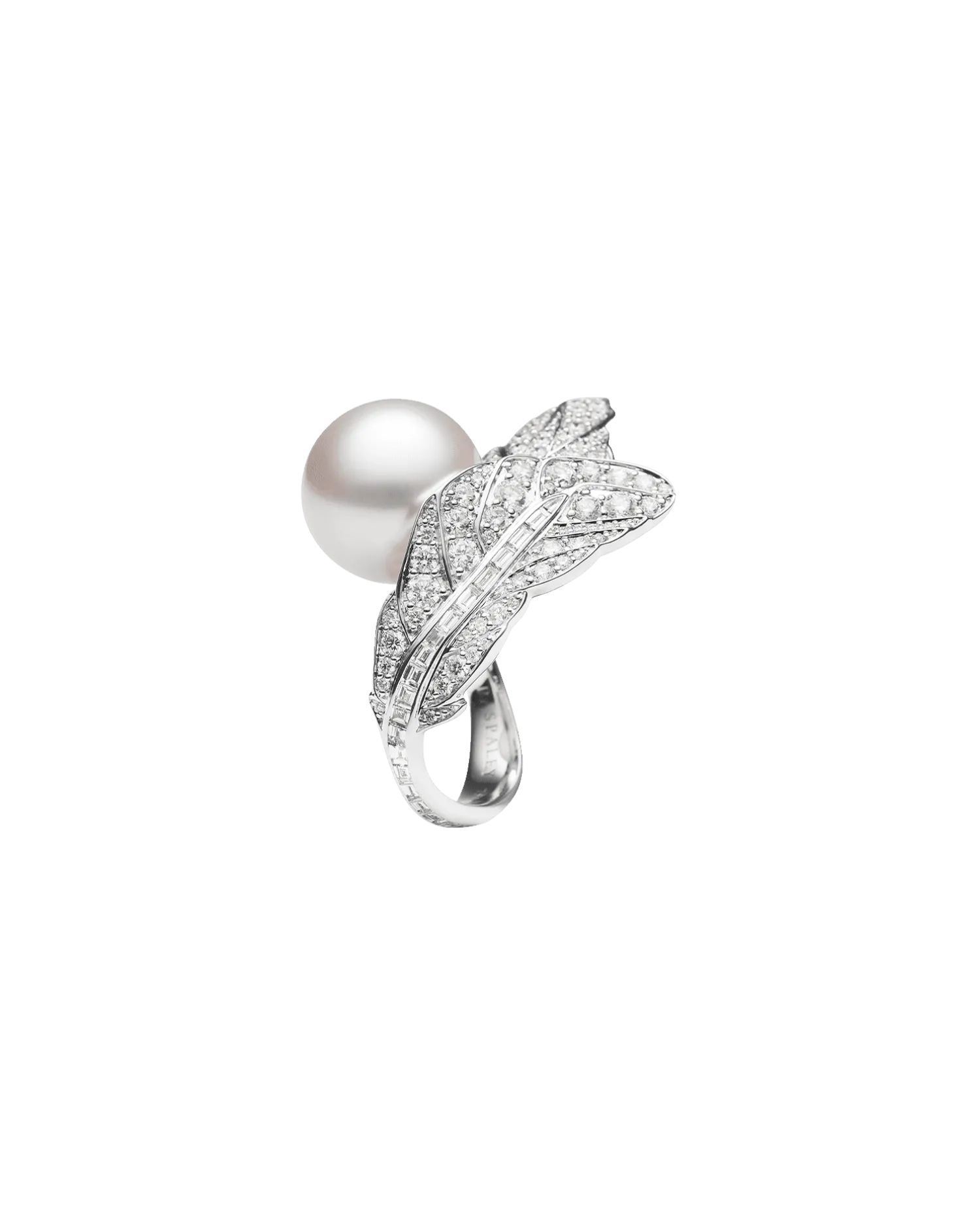 Night Bird Feather Pearl Ring | 15mm Round Pearl, Diamonds, and White Gold