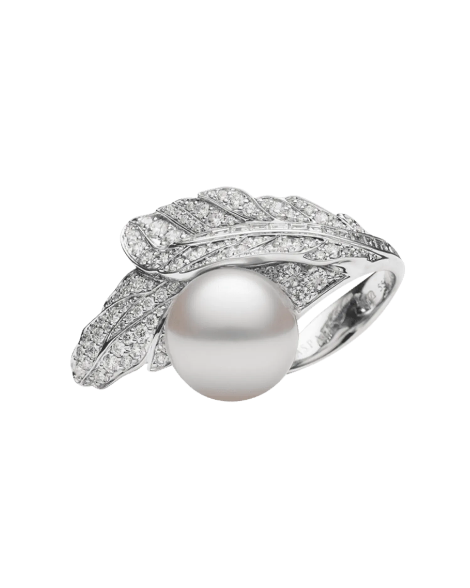 Night Bird Feather Pearl Ring | 15mm Round Pearl, Diamonds, and White Gold
