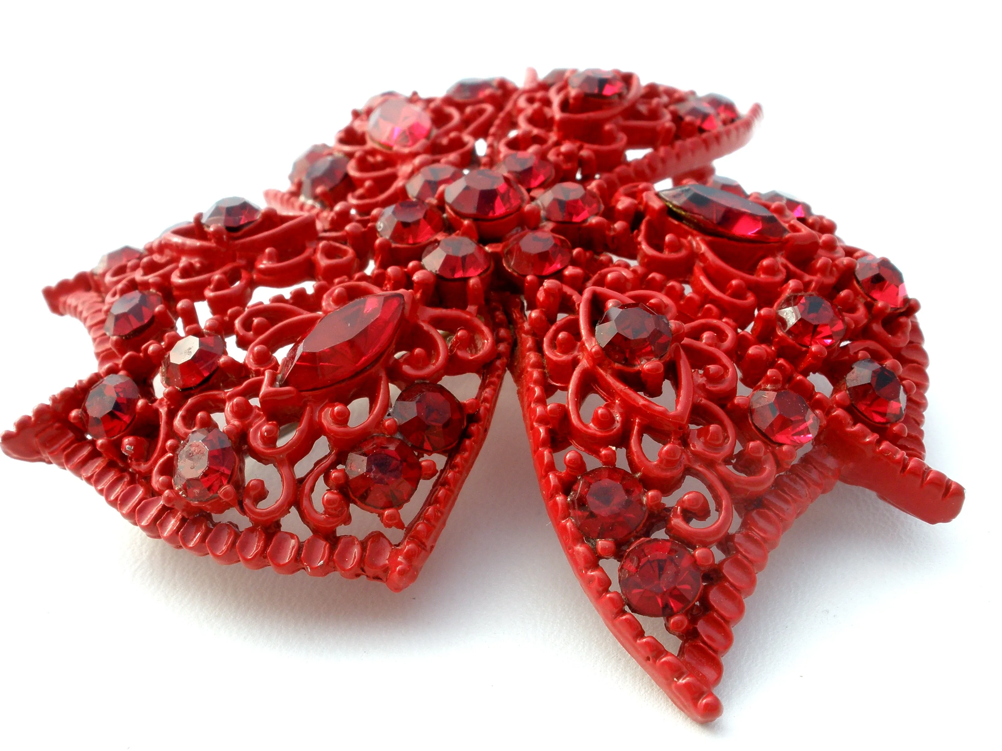 Red Enameled Rhinestone Brooch Vintage
