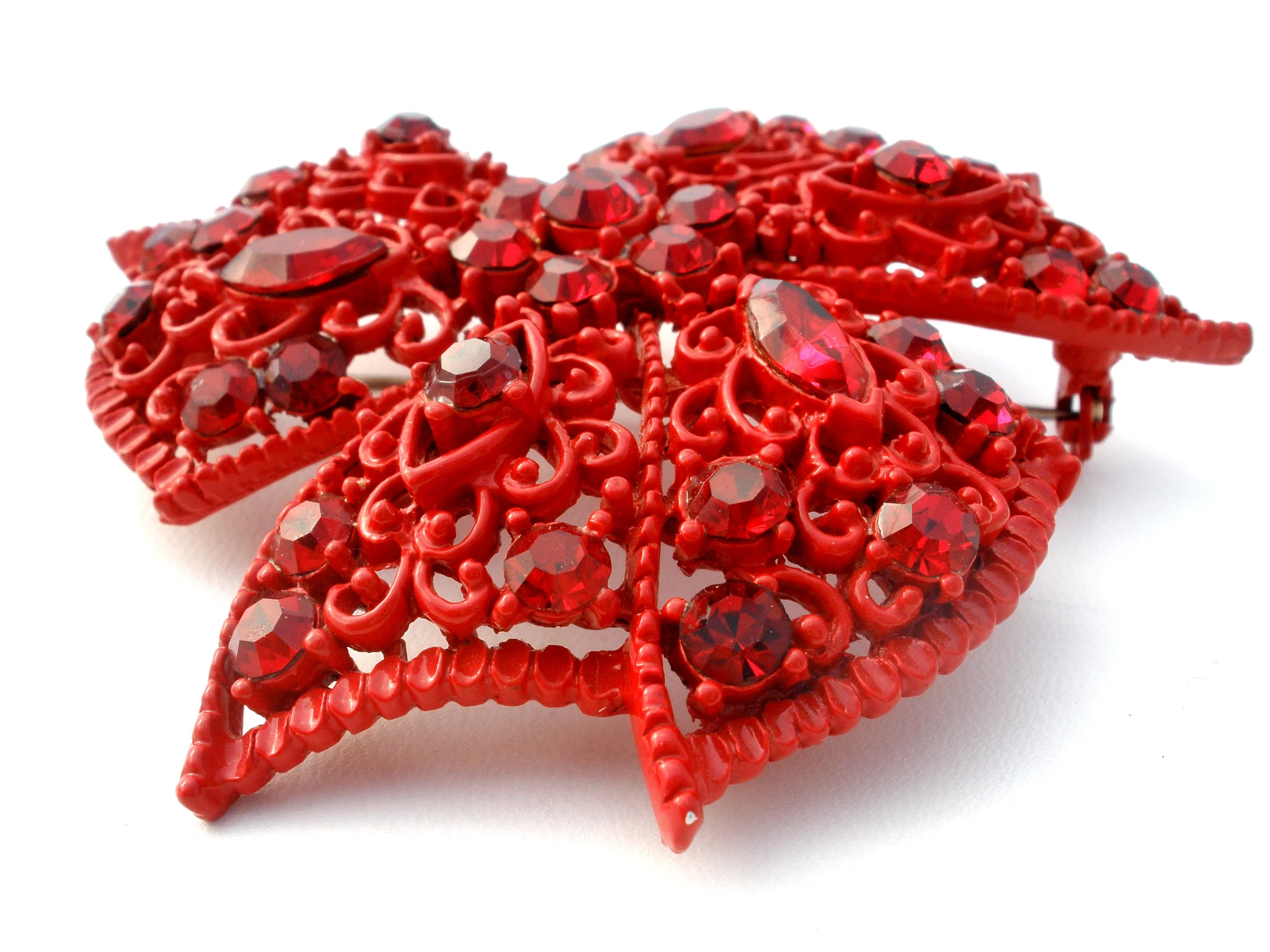 Red Enameled Rhinestone Brooch Vintage