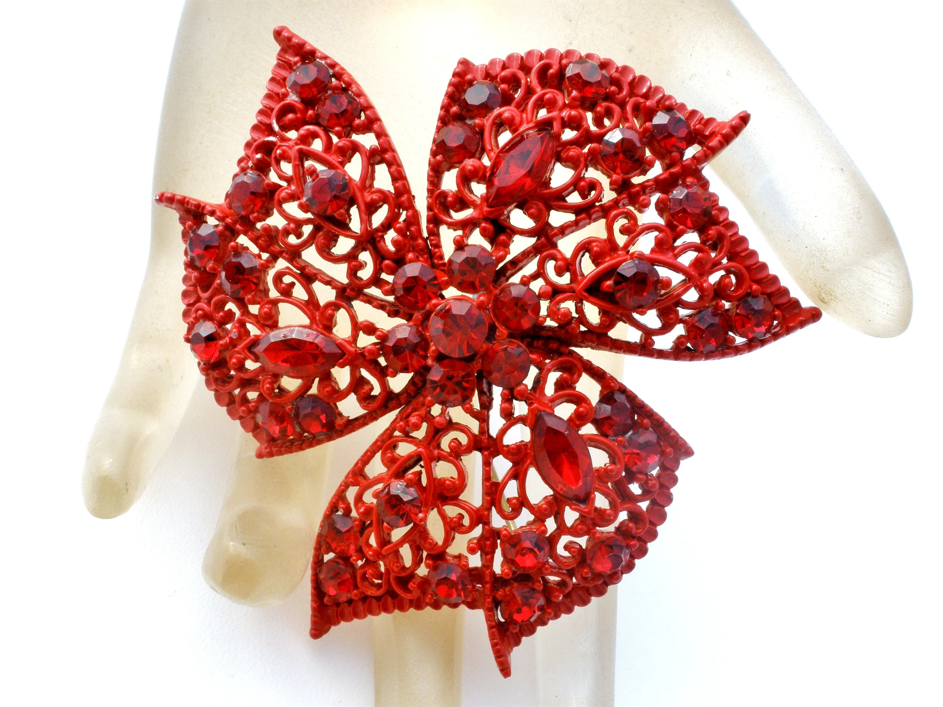 Red Enameled Rhinestone Brooch Vintage