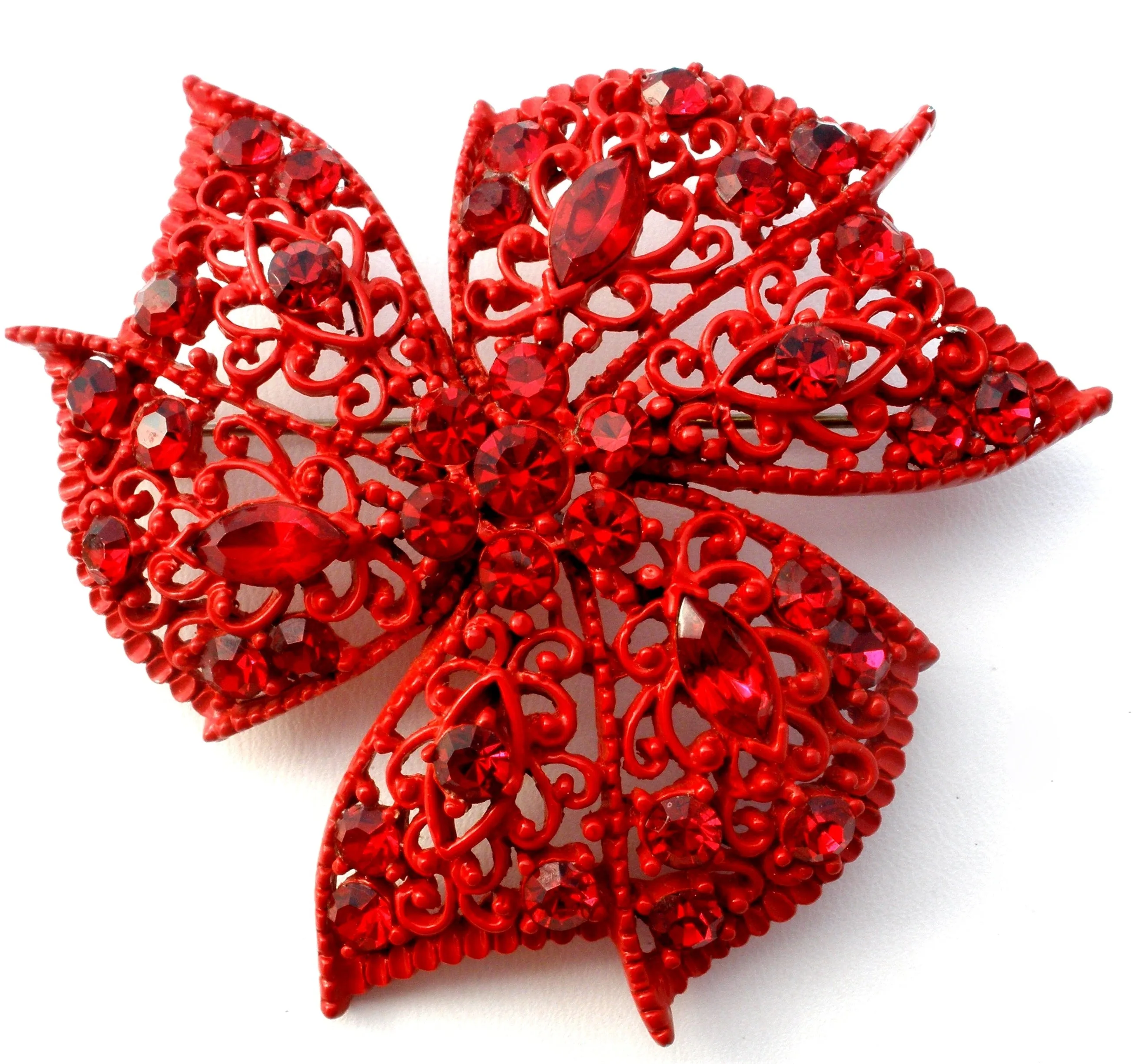 Red Enameled Rhinestone Brooch Vintage