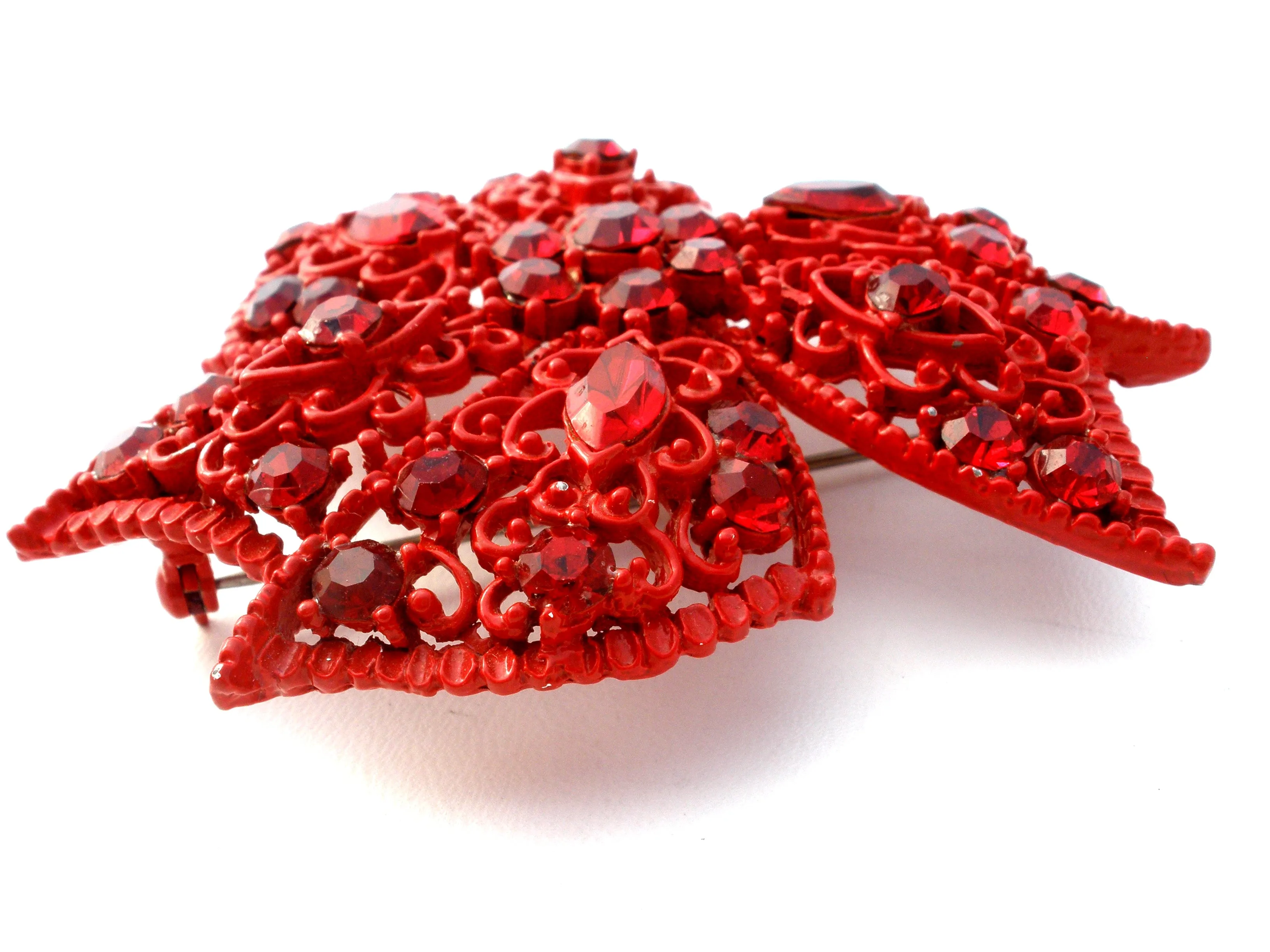 Red Enameled Rhinestone Brooch Vintage