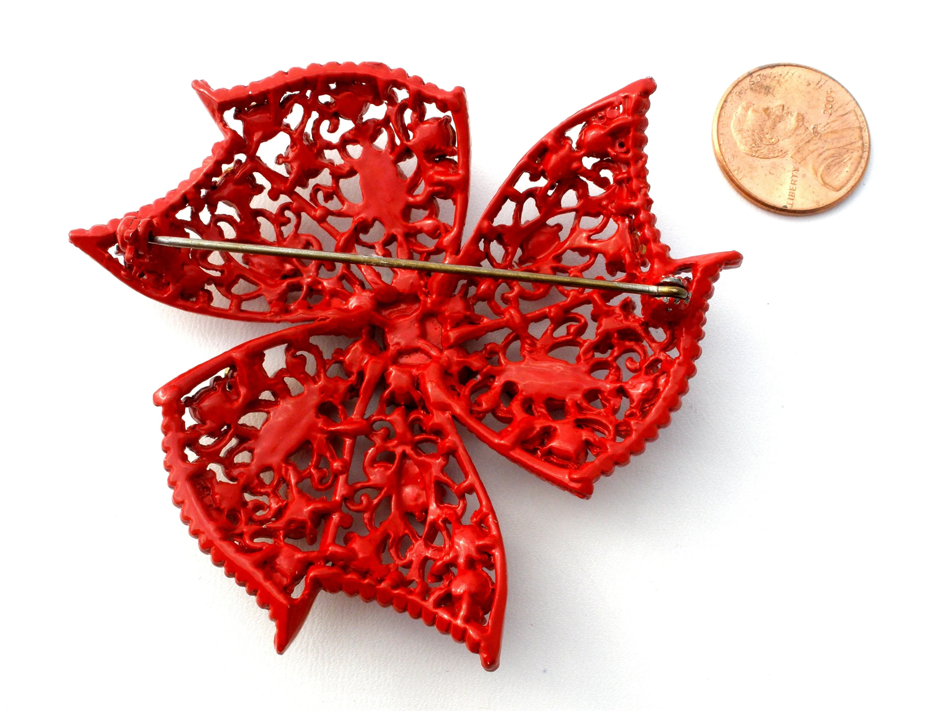 Red Enameled Rhinestone Brooch Vintage