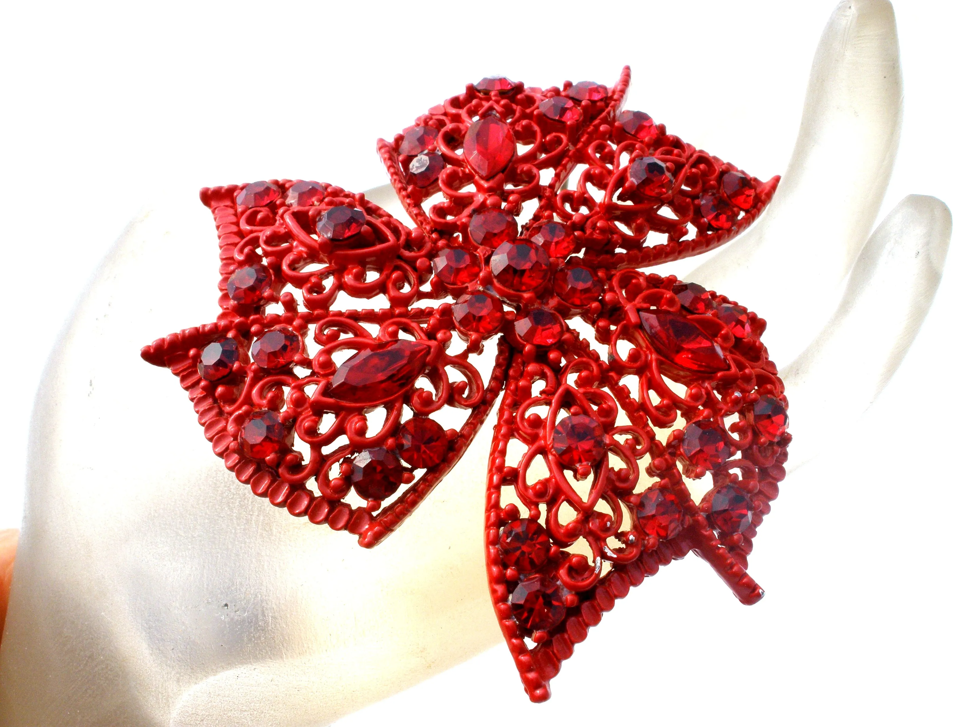 Red Enameled Rhinestone Brooch Vintage