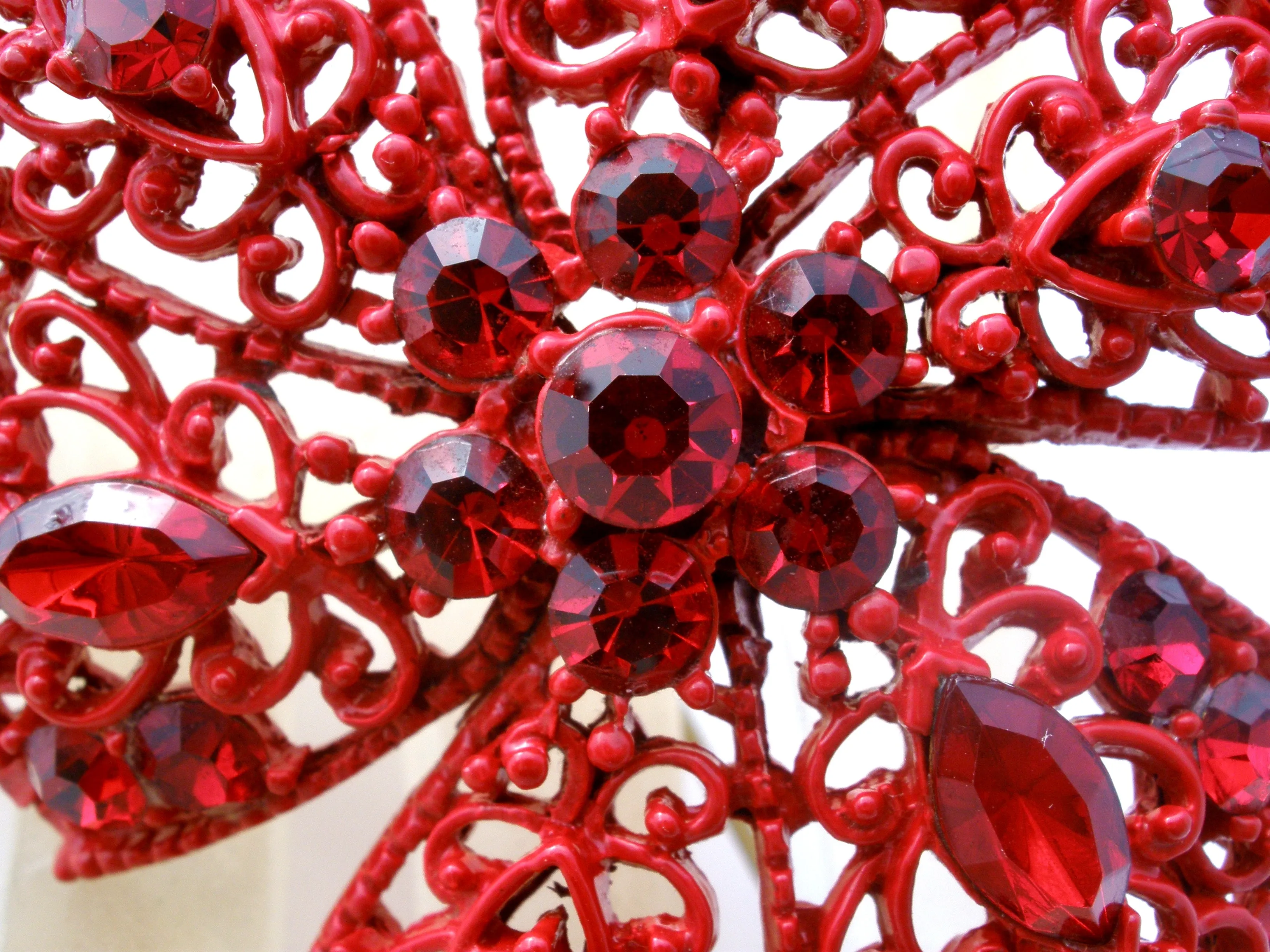 Red Enameled Rhinestone Brooch Vintage