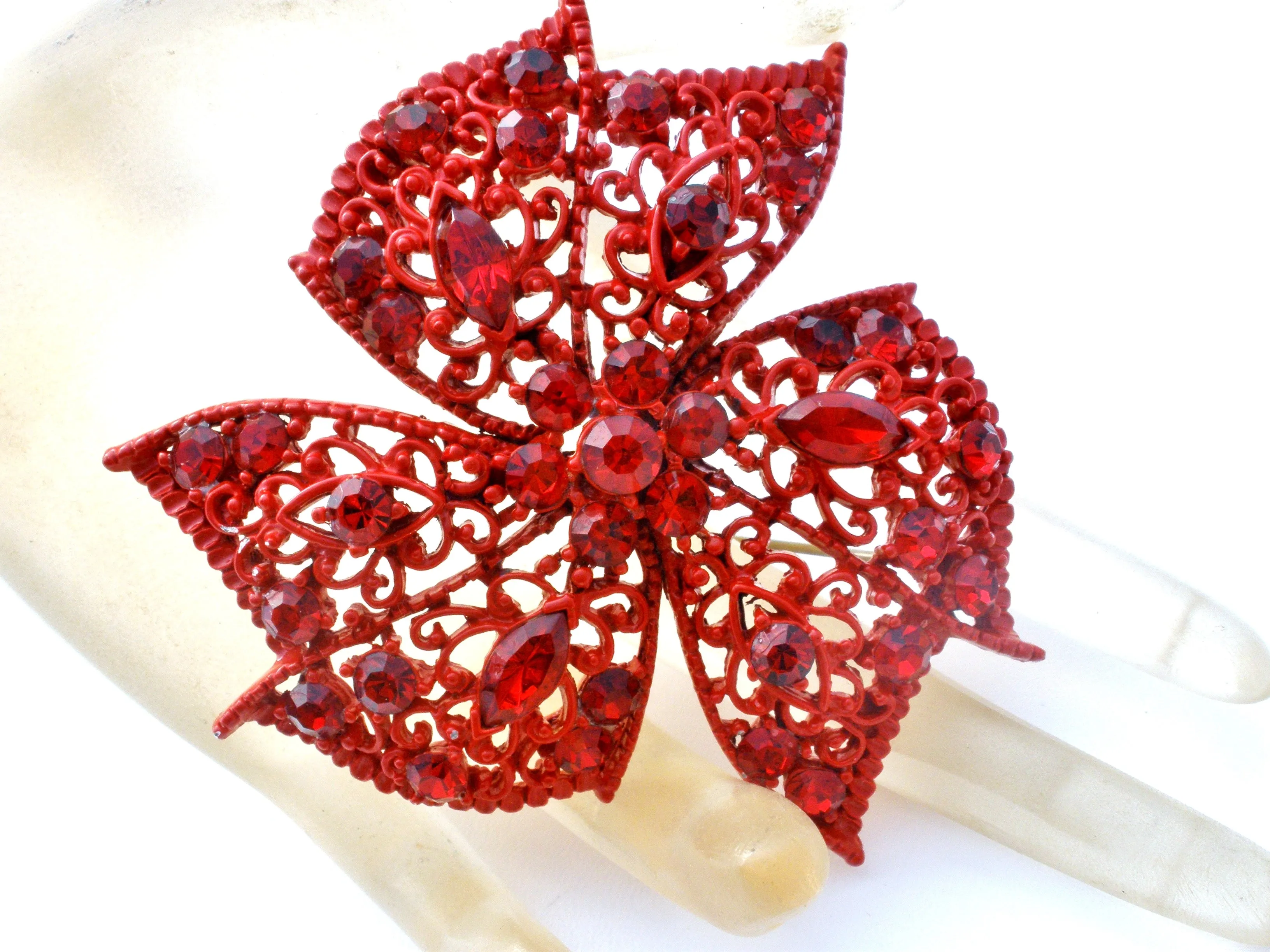 Red Enameled Rhinestone Brooch Vintage