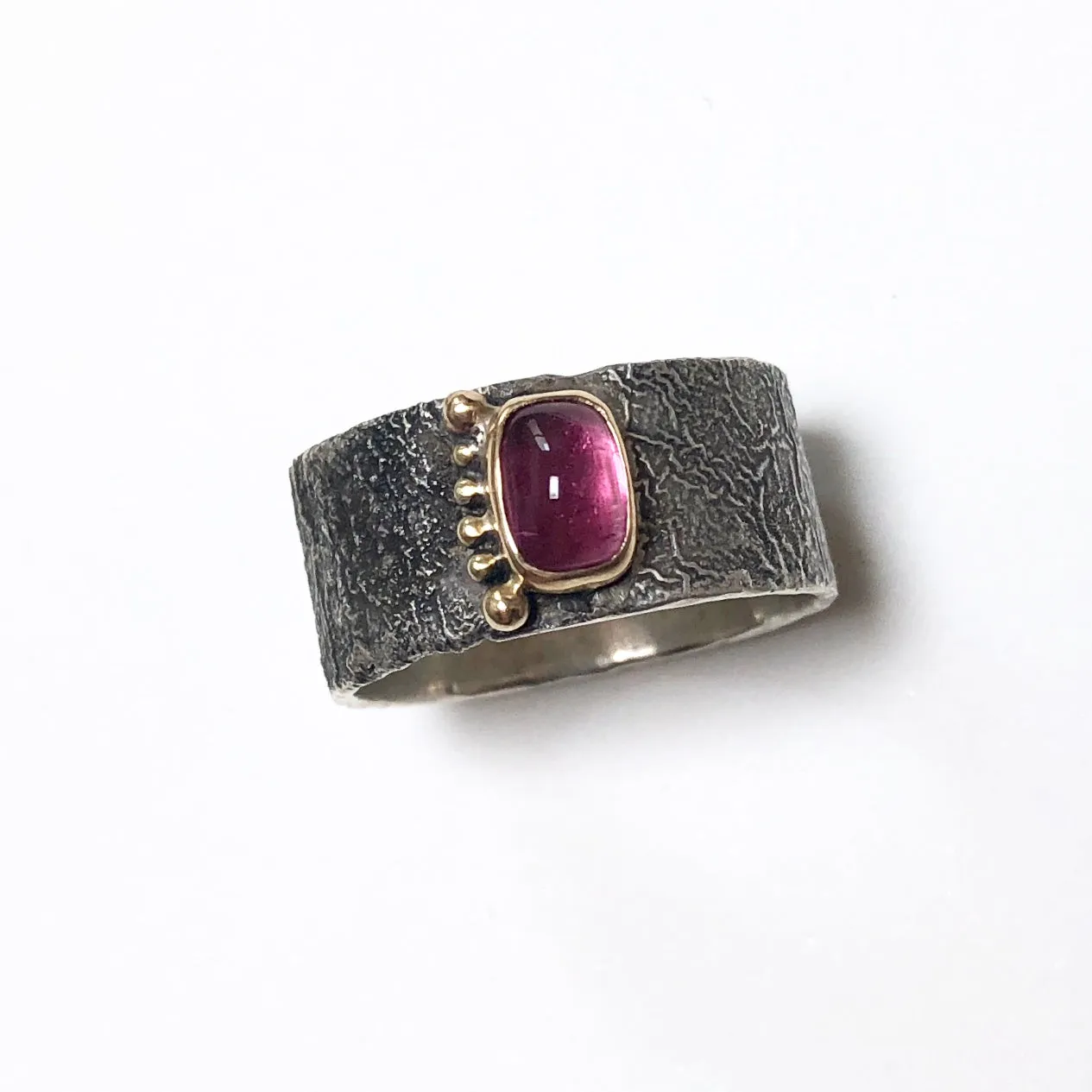 Reticulated Silver Ring, pink tourmaline set 18k gold bezel with gold accents,