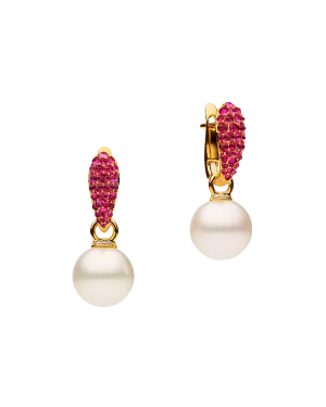 Ruby Touchstone Pearls My Way Earrings | 12mm Round Pearls, Rubies and Yellow Gold