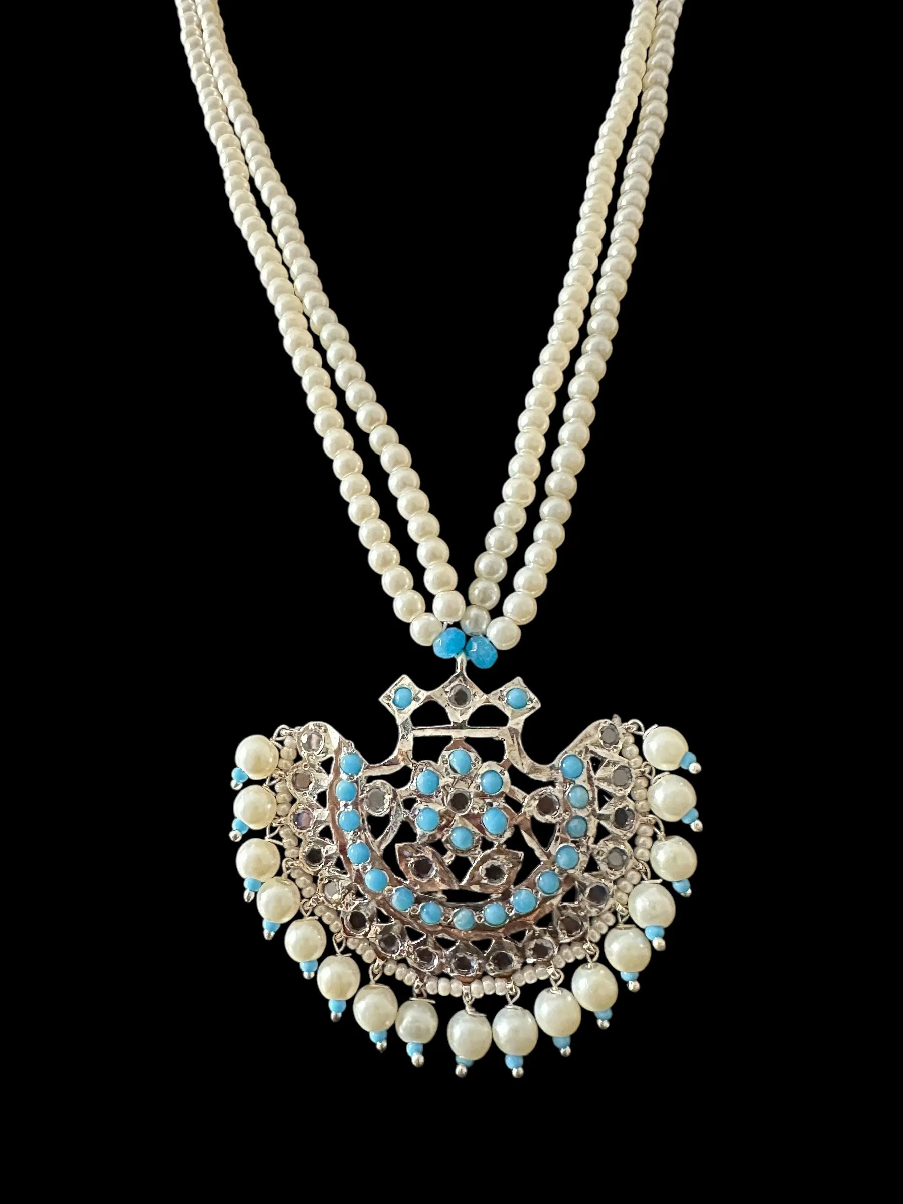 Turquoise / feroza hyderabadi silver plated pendant set with pearls ( READY TO SHIP  )