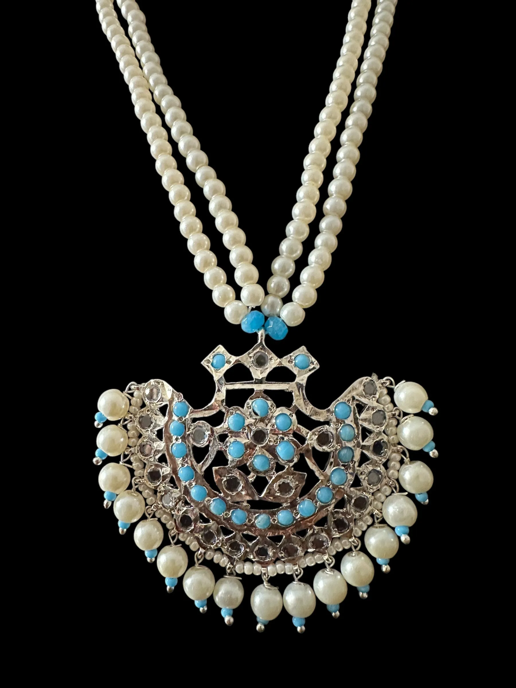 Turquoise / feroza hyderabadi silver plated pendant set with pearls ( READY TO SHIP  )