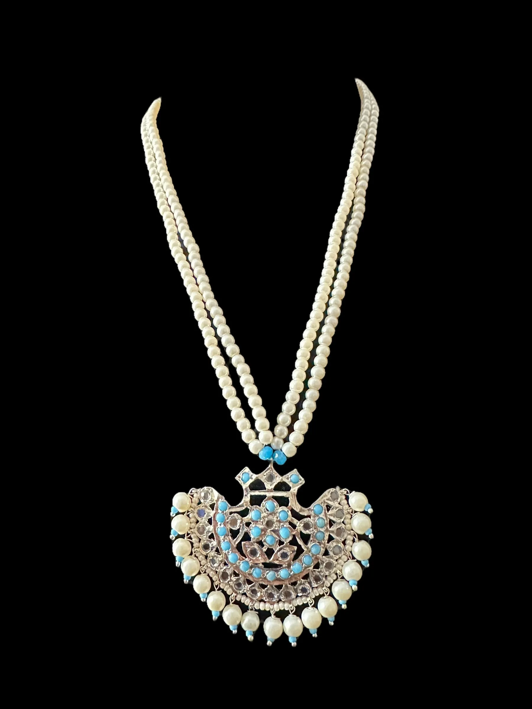 Turquoise / feroza hyderabadi silver plated pendant set with pearls ( READY TO SHIP  )