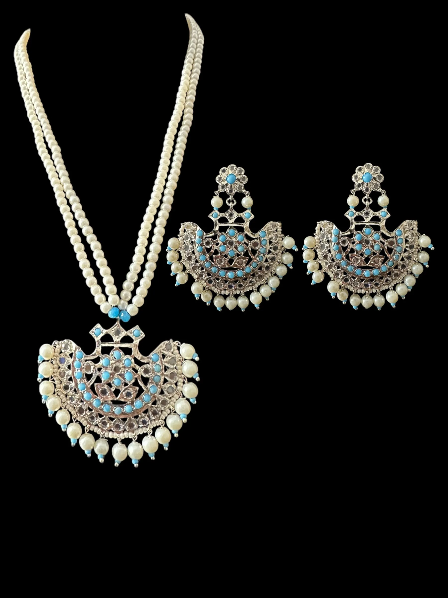 Turquoise / feroza hyderabadi silver plated pendant set with pearls ( READY TO SHIP  )